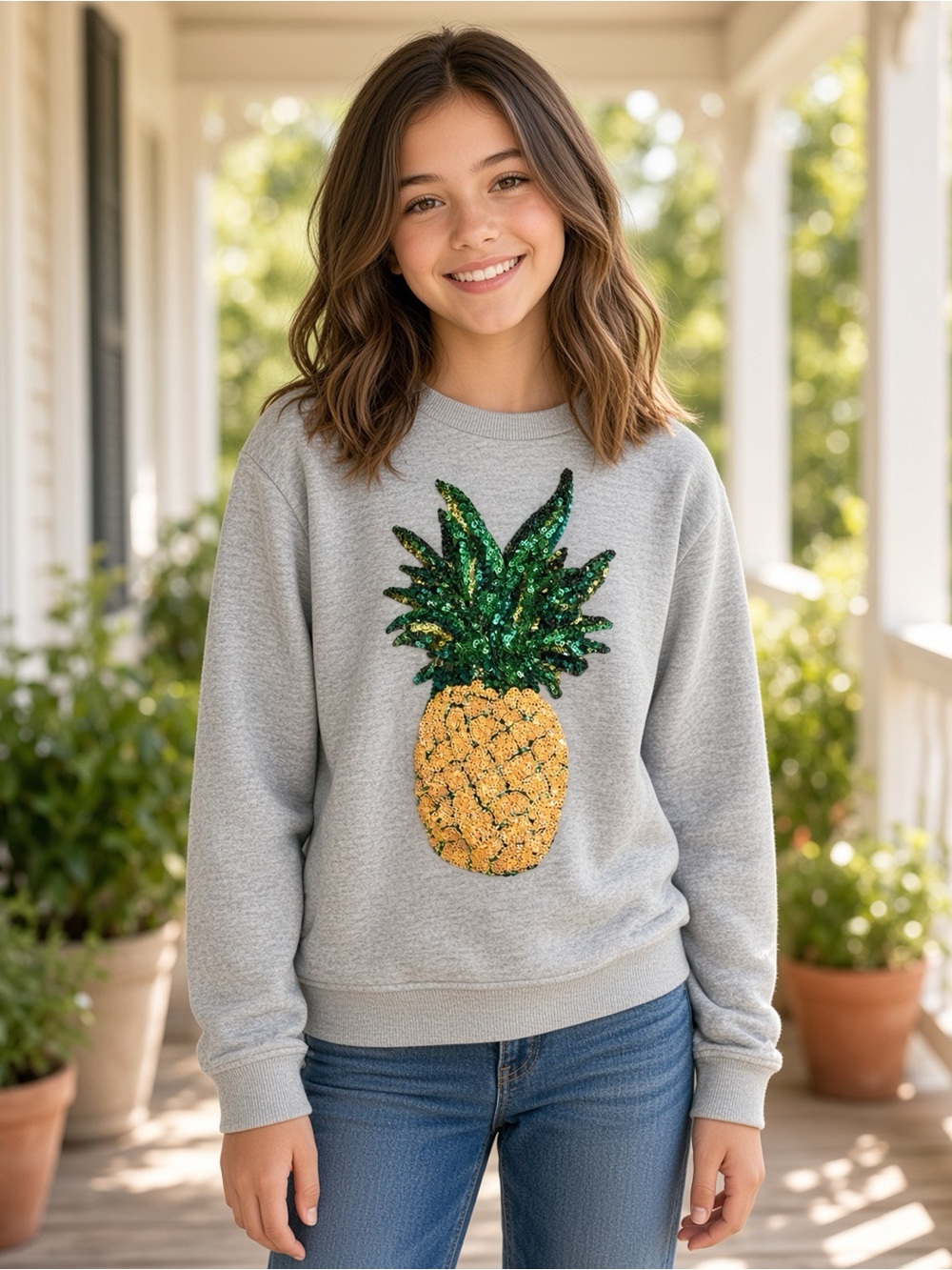Recess - By English Factory Girls' Grey Sequin Pineapple Sweatshirt 11/12 NWT